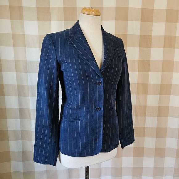 Hennes Navy Blue Pinstripe Tailored Linen Blazer Jacket Preppy Nautical Size 6 - Picture 3 of 9